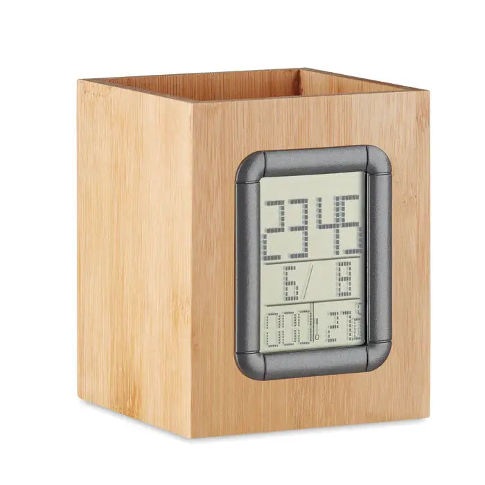 Suport stilou din bambus cu ceas digital lcd forma cub cu rama gri afisaj segmentat pentru ora data temperatura