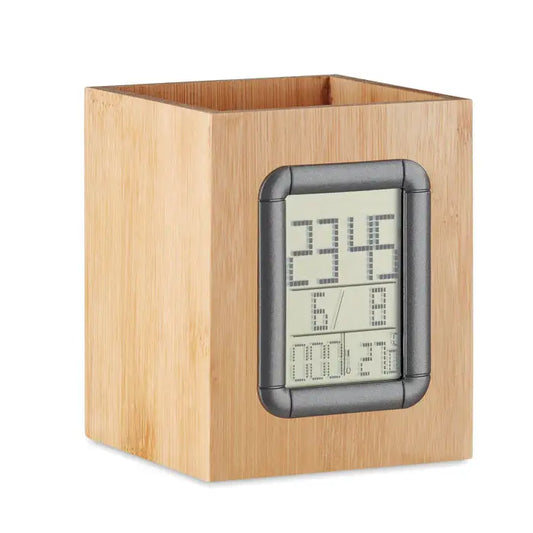 Suport stilou din bambus cu ceas digital lcd forma cub cu rama gri afisaj segmentat pentru ora data temperatura