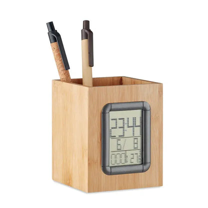 Suport stilou din bambus tip cub cu ceas lcd digital afisand ora data si temperatura pentru birou organizator