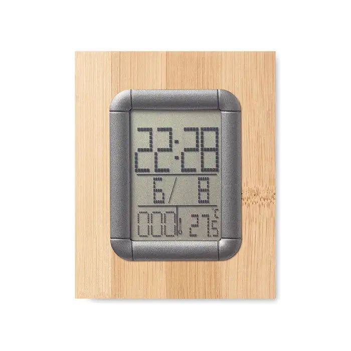 Suport stilou din bambus cu ceas lcd gri digital termometru si afisaj pentru ora data temperatura si umiditate