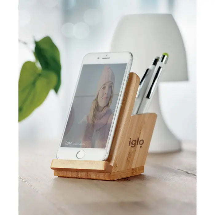 Suport stilou incarcator wireless 5w din bambus deschis cu logo iglo gravat pentru telefon si pix