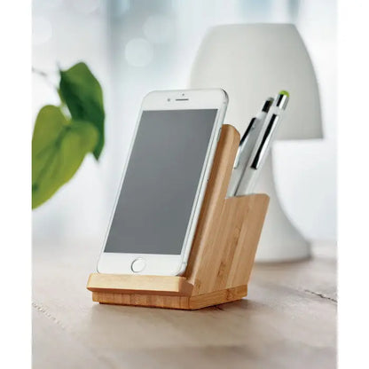 Suport stilou incarcator wireless 5w din bambus maro deschis cu design minimalist pentru telefon si pix