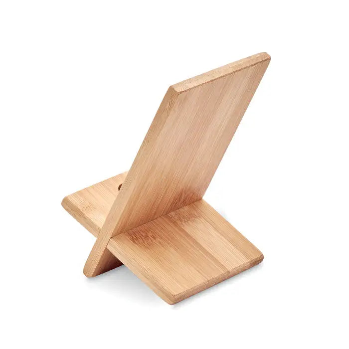 Suport pentru telefon din bambus cu design minimalist geometric si finisaj natural lemn