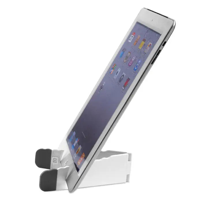 Suport tableta si smartphone din plastic alb cu prinderi negre cauciucate pentru stabilitate