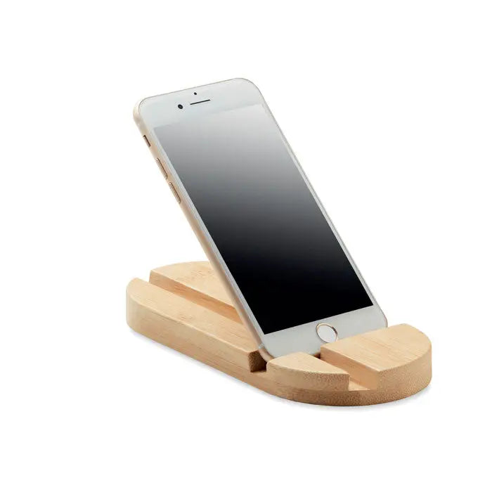 Suport tableta smartphone din bambus deschis tinand un iphone argintiu