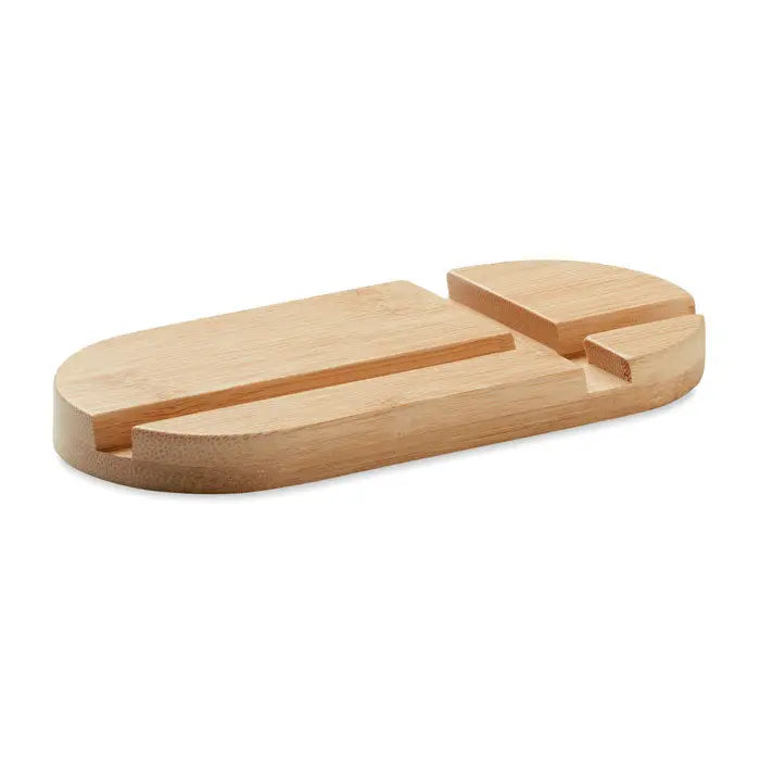 Suport tableta smartphone din bambus maro deschis cu design minimalist si doua sloturi distincte pentru dispozitive