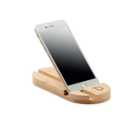 Suport tableta smartphone din bambus deschis cu logo gravat subtil, stand practic pentru utilizare pe birou