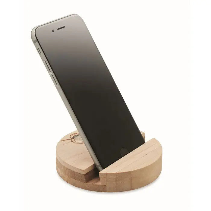 Suport telefon din lemn de mesteacan deschis la culoare cu design subtil gravat