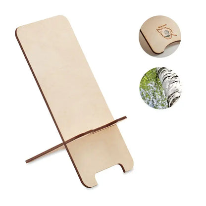 Suport telefon din lemn de mesteacan minimalist cu finisaj maro deschis si design simplu pentru birou