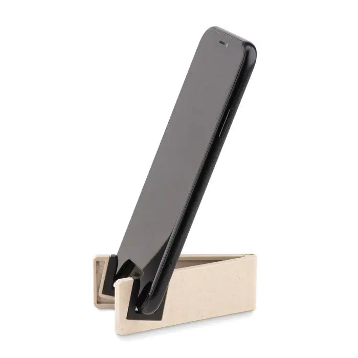 Suport telefon fibra de bambus pp bej ținând un smartphone negru pe suport vertical
