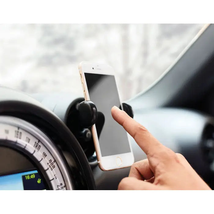 Suport telefon/masina cu telefon auriu montat intr-un suport auto negru din plastic
