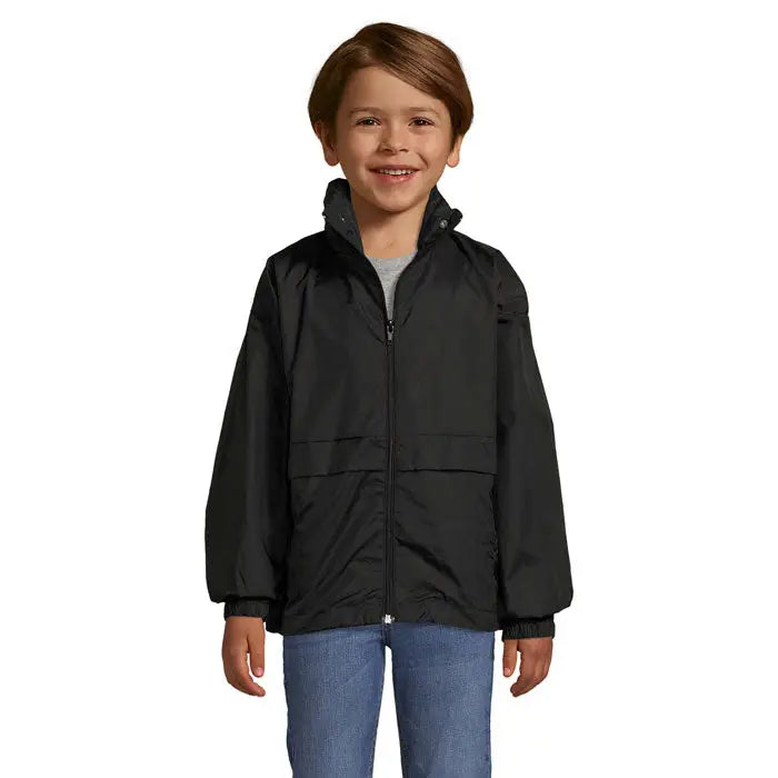Jachetă neagră impermeabilă surf kids windbreaker 210g cu glugă și fermoar, din țesătură sintetică ușoară