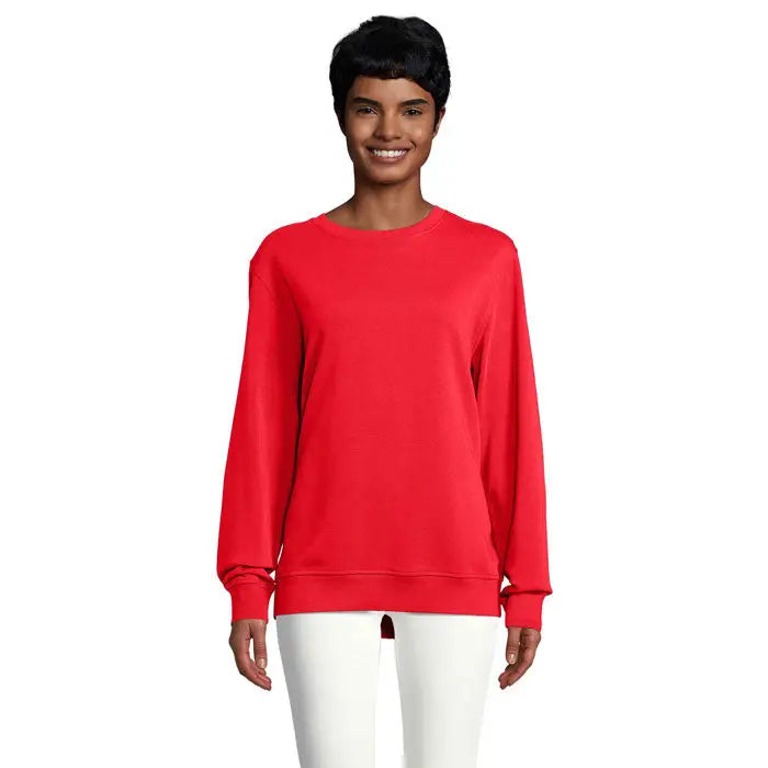 Un sweatshirt unisex vibrant rosu comet 280 cu maneci lungi si manșete rebrodate din material confortabil
