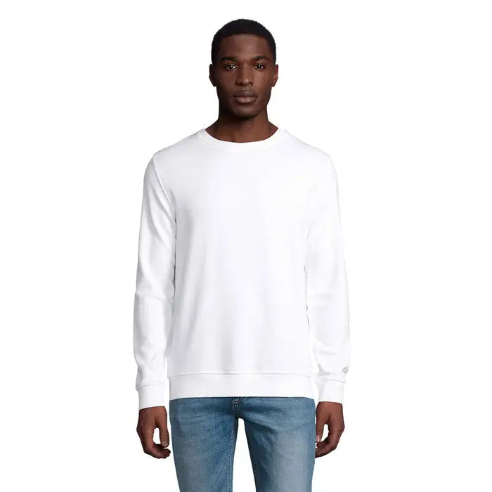 Sweat comet unisex 280 alb cu gulera rotunda, maneci lungi si mansete striate din bumbac