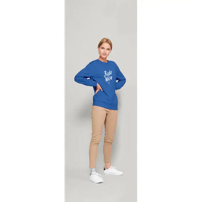Sweat comet unisex 280 albastru cu maneci lungi din bumbac cu print alb ride the wave pe piept