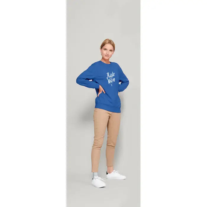 Sweat comet unisex 280 albastru cu maneci lungi si imprimeu alb ride the wave pe piept din bumbac