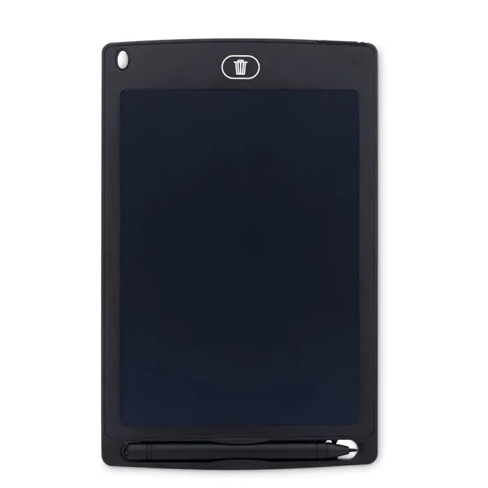 Tableta de scris lcd de 8,5 inchi neagra cu ecran electronic si stilou incorporat si pictograma cos de gunoi pe rama superioara