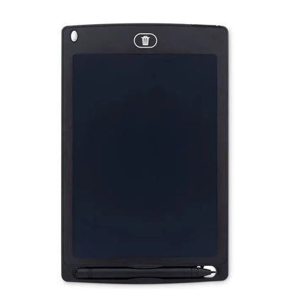 Tableta de scris lcd de 8,5 inchi neagra cu ecran electronic si stilou incorporat si pictograma cos de gunoi pe rama superioara