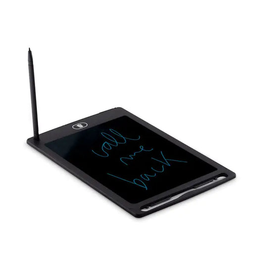 Tableta de scris lcd de 8,5 inchi neagra cu stylus asortat si design dreptunghiular ce afiseaza text scris de mana albastru