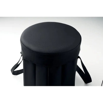 Taburet masa izolata pliabila negru cilindric cu scaun circular captusit si bretele din material textil