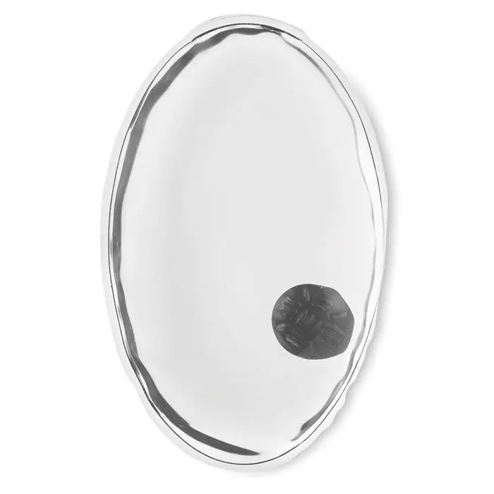 Tava termica tampa din argint ovală cu suprafață netedă reflectorizantă și margini ușor neregulate