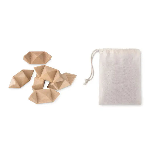 Set de șase piese puzzle geometrice din lemn maro deschis cu saculet de depozitare cu snur teaser de stea