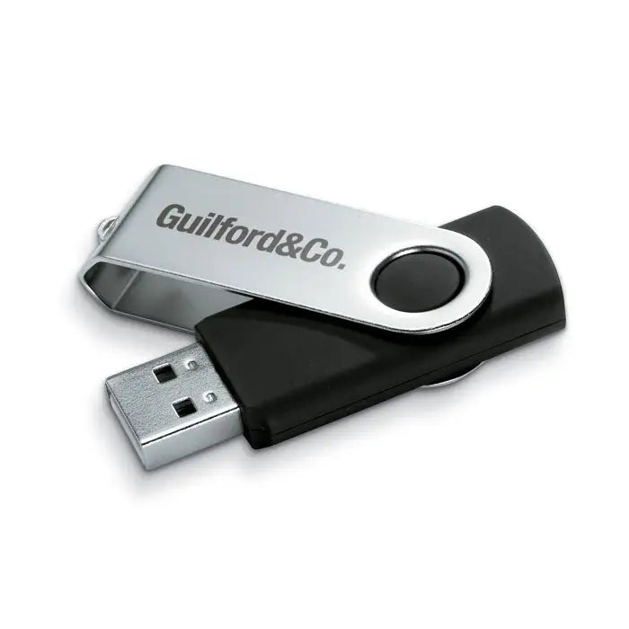 Stick usb swivel negru si argintiu cu capac metalic gravat guilford&co techmate usb flash de 16 gb
