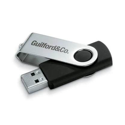 Techmate usb flash de 8 gb negru si argintiu cu capac metalic gravat guilford&co si rotatie swivel