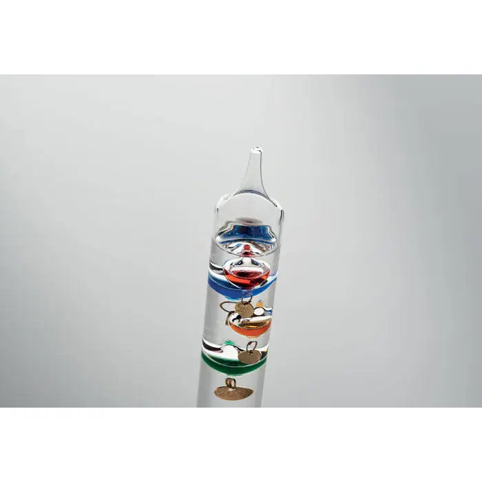 Termometru galileo sticla 28cm transparent cu bile colorate plutitoare si discuri metalice pentru masurarea temperaturii