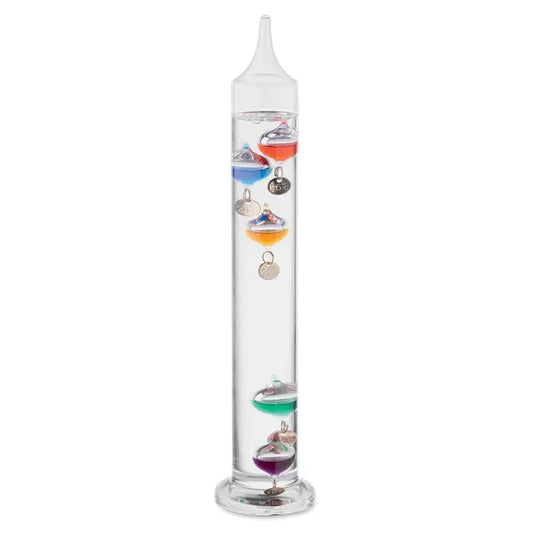 Termometru galileo sticla 28cm cu termometru transparent si sfere colorate plutitoare si charmuri metalice