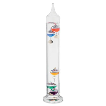 Termometru Galileo sticla 28cm cu capsule colorate si charmuri metalice plutitoare in lichid clar