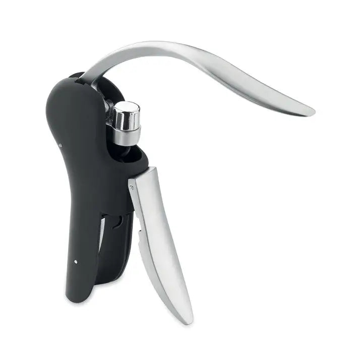 Tibuson automat cu pârghie negru si argintiu cu design ergonomic si finisaj metalic pentru deschiderea vinului