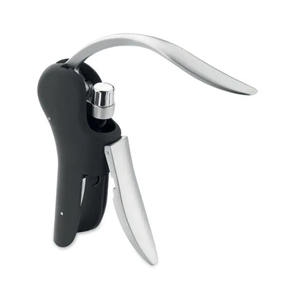 Tibuson automat cu pârghie negru si argintiu cu design ergonomic si finisaj metalic pentru deschiderea vinului