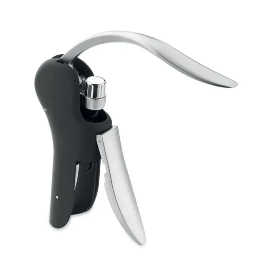 Tibuson automat cu pârghie negru si argintiu cu design ergonomic si finisaj metalic pentru deschiderea vinului