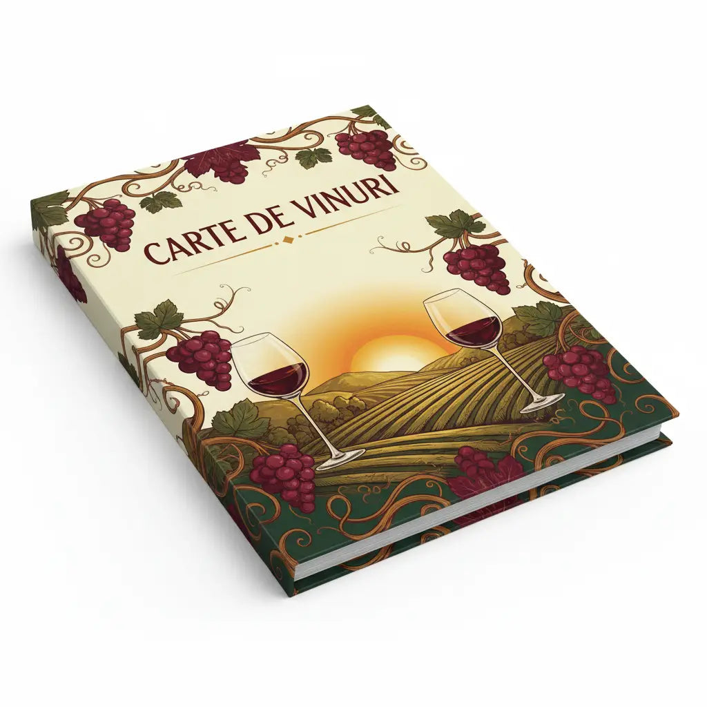 Carte de vinuri premium crem cu coperta decorativa cu struguri rosii si pahare de vin pe fundal de apus pentru wine baruri