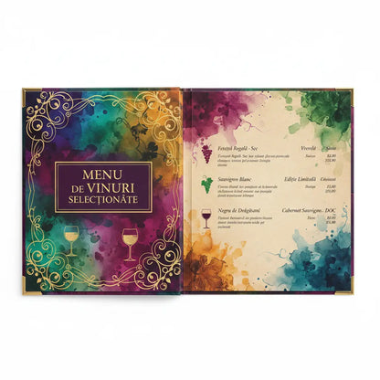 Carte de vinuri premium tiparit cu design acuarela vibrant in purpuriu, teal si aur, rame aurii ornate pentru wine bar-uri