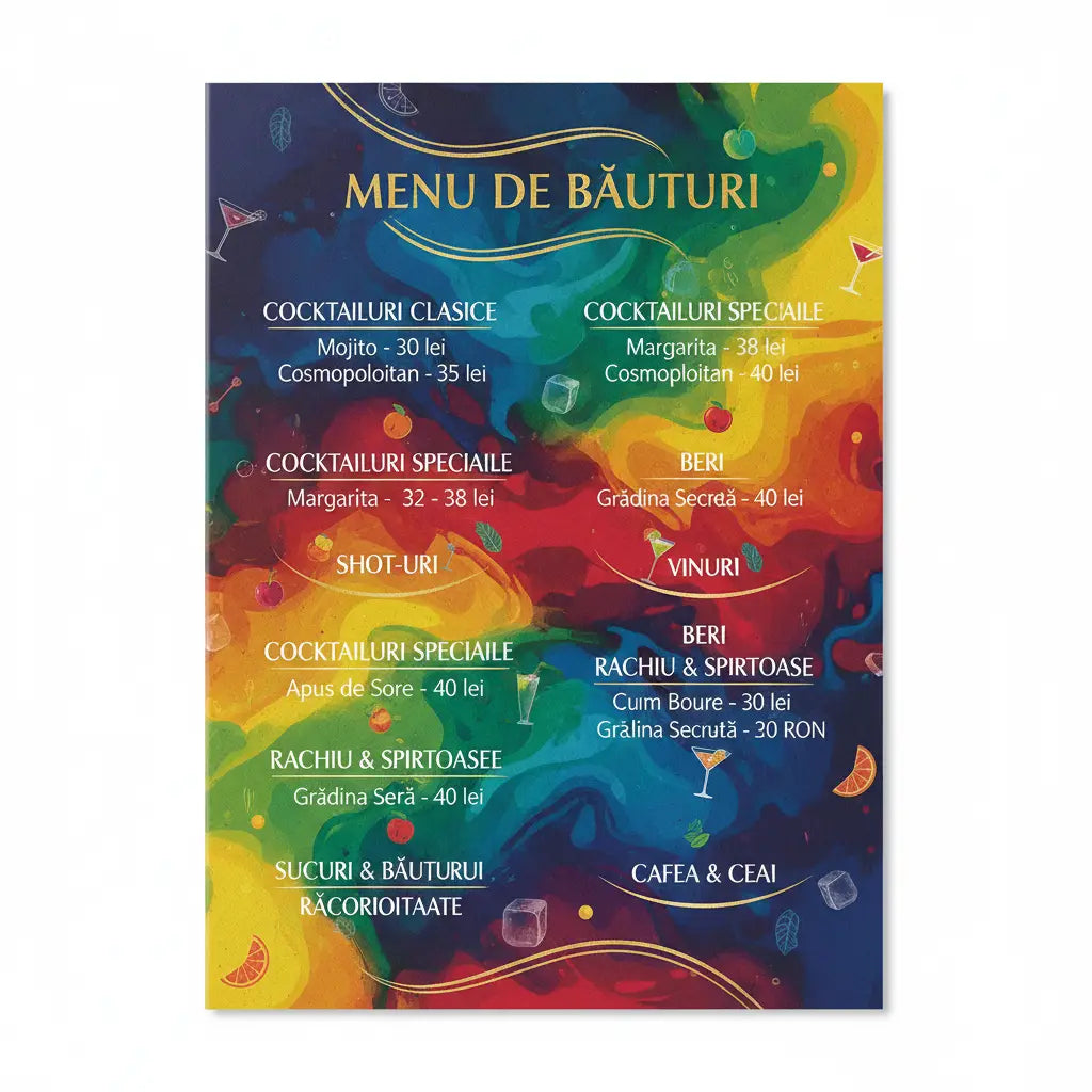 Meniu bar și băuturi a4/a5 vibrant colorat, plastifiat, rezistent și personalizat cu prețuri în lei și ilustrații de cocktailuri