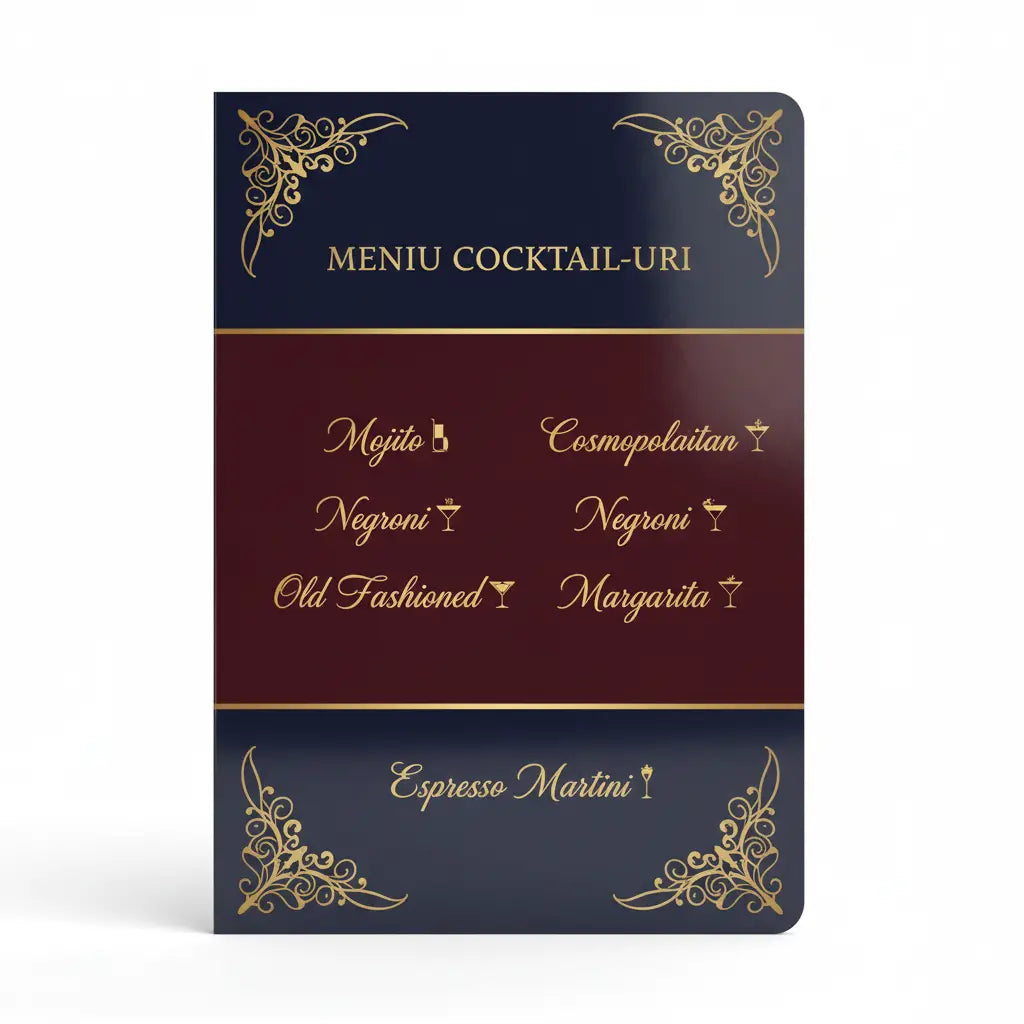 Meniu cocktail elegant navy și burgundy cu litere aurii și design ornamentat colțuri protecție plastifiată
