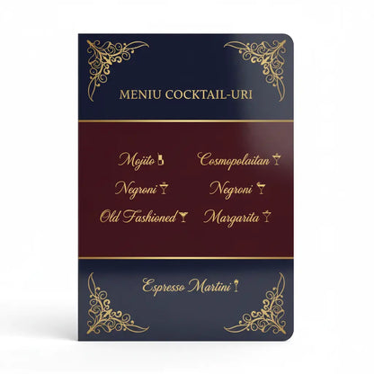 Meniu cocktail elegant navy și burgundy cu litere aurii și design ornamentat colțuri protecție plastifiată