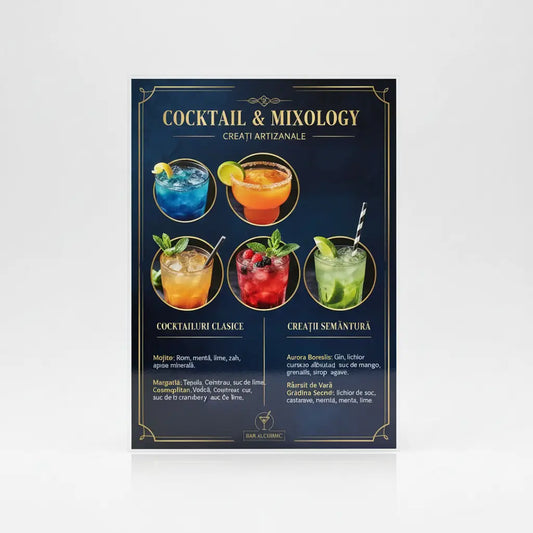 Meniu cocktail și mixology premium în albastru închis cu contur auriu, șase băuturi ilustrate colorat și rețete în română