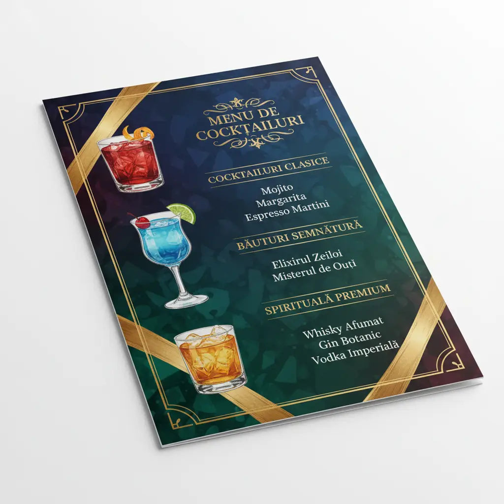 Meniu cocktail elegant verde închis cu margini aurii și ilustrații clasice pentru tipărire mixologie protejată plastifiat