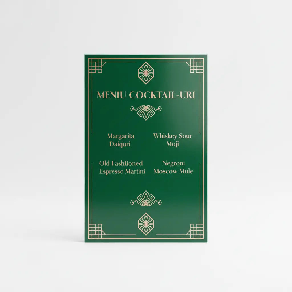 Meniul cocktail verde cu bordură art deco auriu și tipografie elegantă din design premium protejat plastifiat