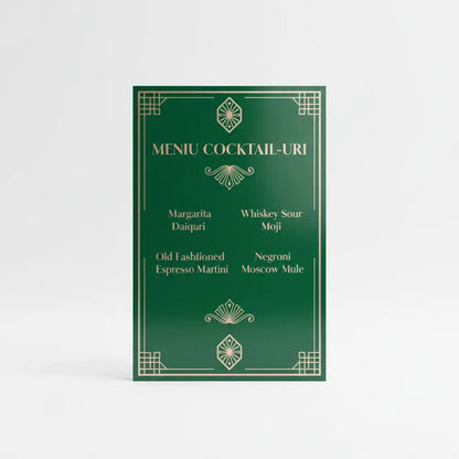 Meniul cocktail verde cu bordură art deco auriu și tipografie elegantă din design premium protejat plastifiat