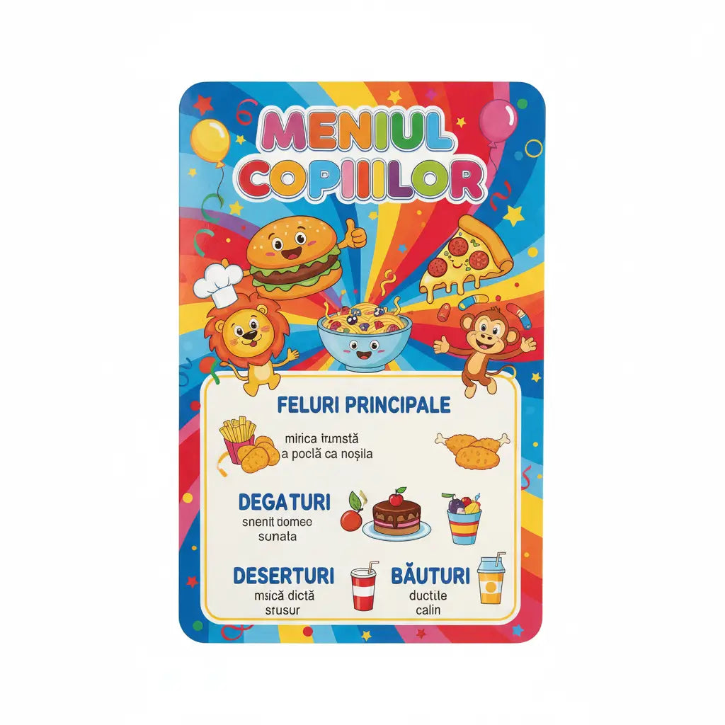Meniu copii colorat ilustrat cu personaje de desene animate si text in limba romana tiparit ultra-rezistent