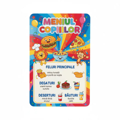 Meniu copii colorat ilustrat cu personaje de desene animate si text in limba romana tiparit ultra-rezistent
