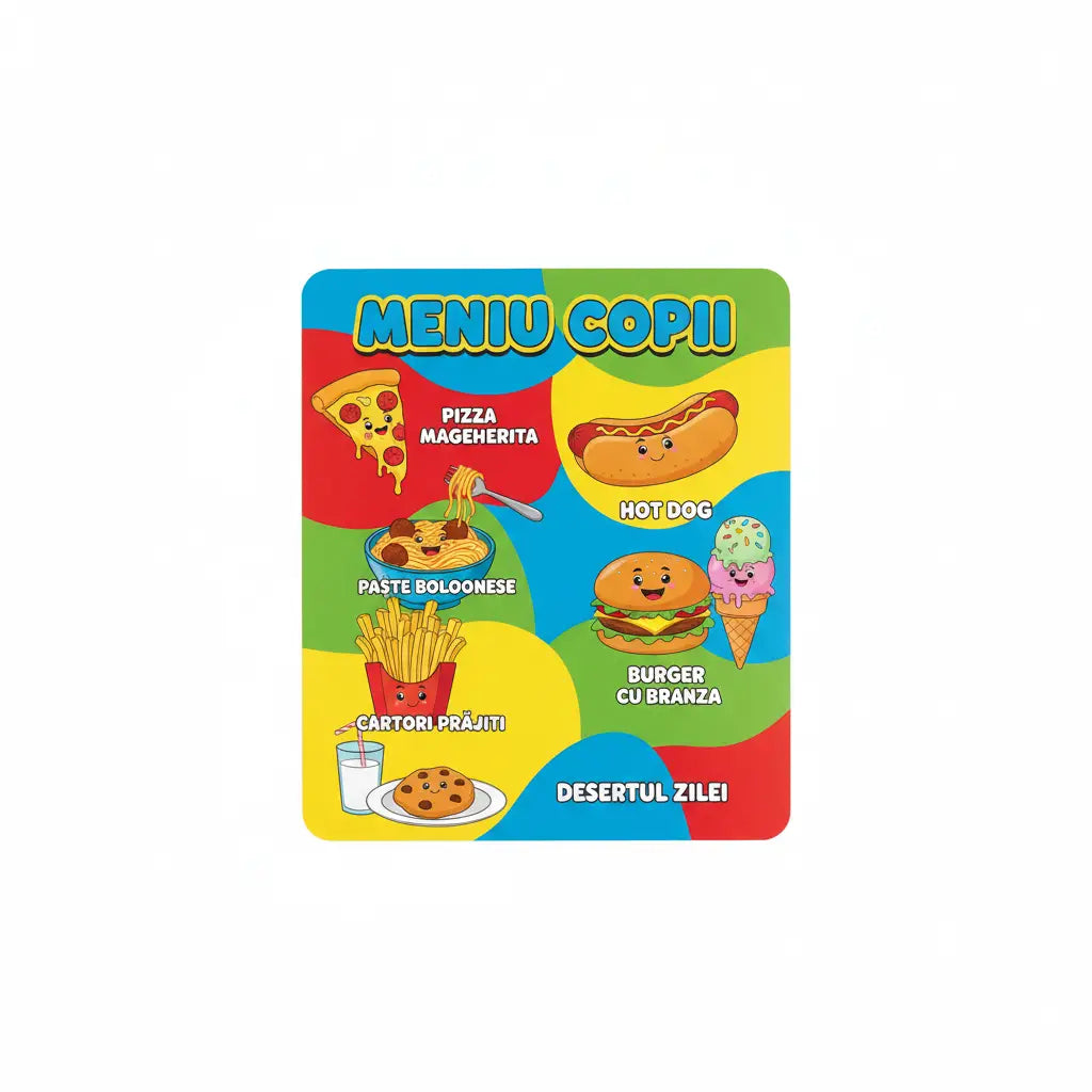 Meniu copii colorat tipărit cu ilustrații cartoon pizza hot dog paste cartofi prăjiți burger înghețată fursecuri ultra-rezistent