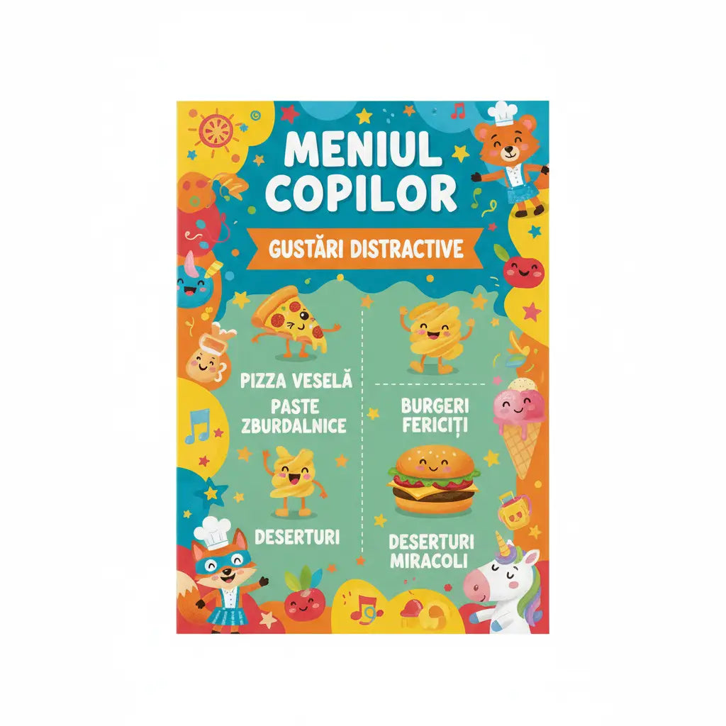 Poster colorat meniu copii tiparit cu ilustratii cartoon alimente si animale pentru restaurante si evenimente