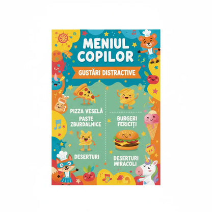 Poster colorat meniu copii tiparit cu ilustratii cartoon alimente si animale pentru restaurante si evenimente