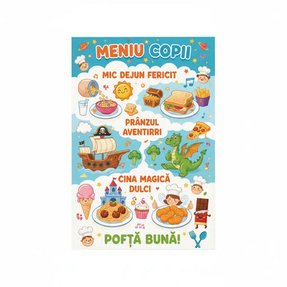 Poster colorat si ilustrat pentru meniu copii cu personaje de bucatar si meniuri pentru mic dejun, pranz si desert