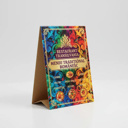 Vibrant, ornate a-frame menu stand plastified and self-stabilizing with colorful floral and gold-embossed design for restaurant transilvania
